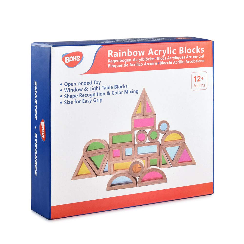 BOHS Blocs Arc-en-Ciel Acryliques (24 pcs) - Jouets Éducatifs en Bois pour Tout-Petits - Idéal pour Table Lumineuse ou Fenêtre E