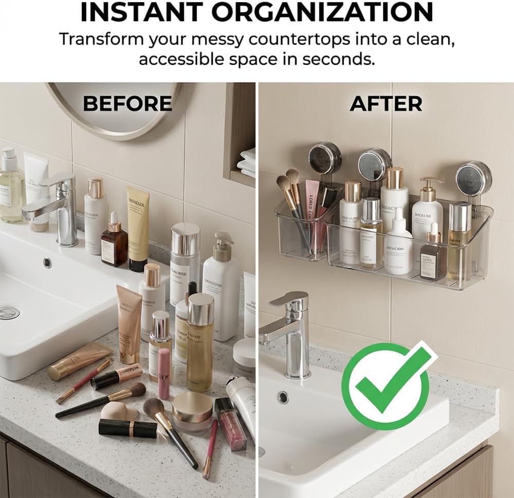 2026 New No-Drill Bathroom Suction Storage Box, Powerful Suction Cup Storage Holder, Removable Shower Caddy Hanging, Large Capacity Strong Load-Bearing, for Bathroom Kitchen (Gray - Large)