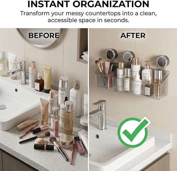 2026 New No-Drill Bathroom Suction Storage Box, Powerful Suction Cup Storage Holder, Removable Shower Caddy Hanging, Large Capacity Strong Load-Bearing, for Bathroom Kitchen (White - Large)