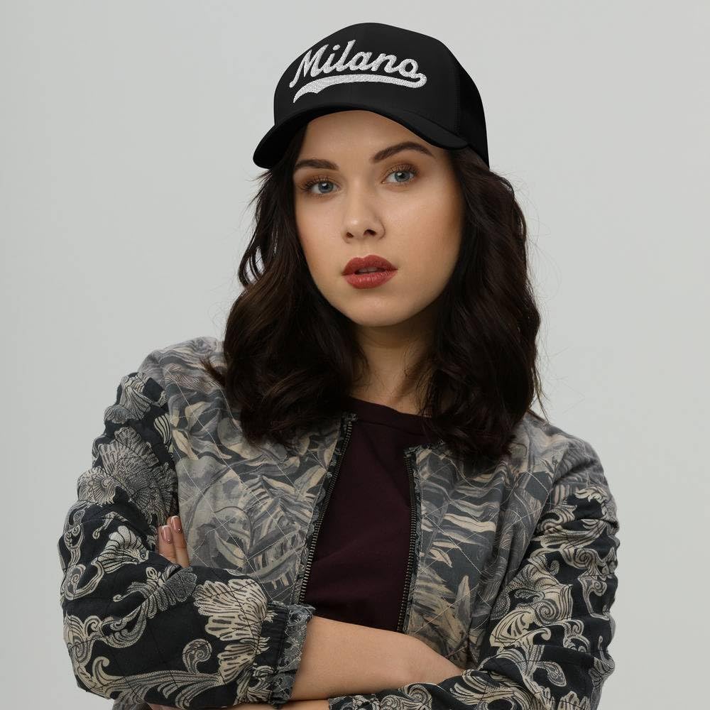 Milano Hat Milano Trucker Hat Baseball Script Embroidered Cap Vintage Sports Mesh Swoosh Gift Souvenir Headwear TX