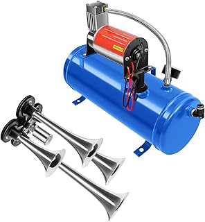 Xingfx Compresor de aire de 12 V con depósito de 6 L y 150 PSI, inflador de neumáticos portátil con bocina de 4 tubos, apagado automático, compresor de CC para coche, bicicleta, pelota, emergencia y