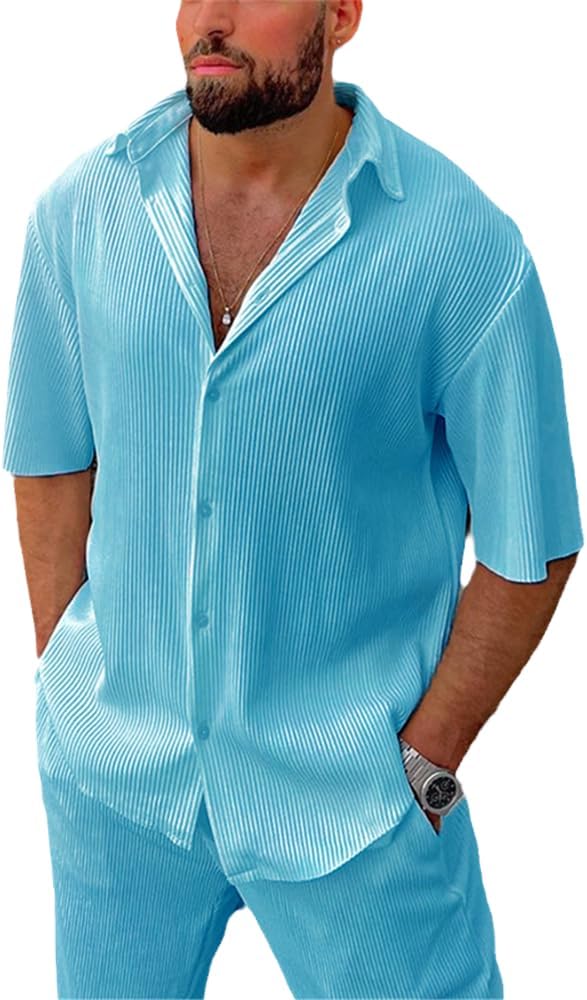 Shirt and Elastic-waist Long Pants Suit Loose Outfits Summer Spring Men Two-piece Set Lapel Short Sleeve