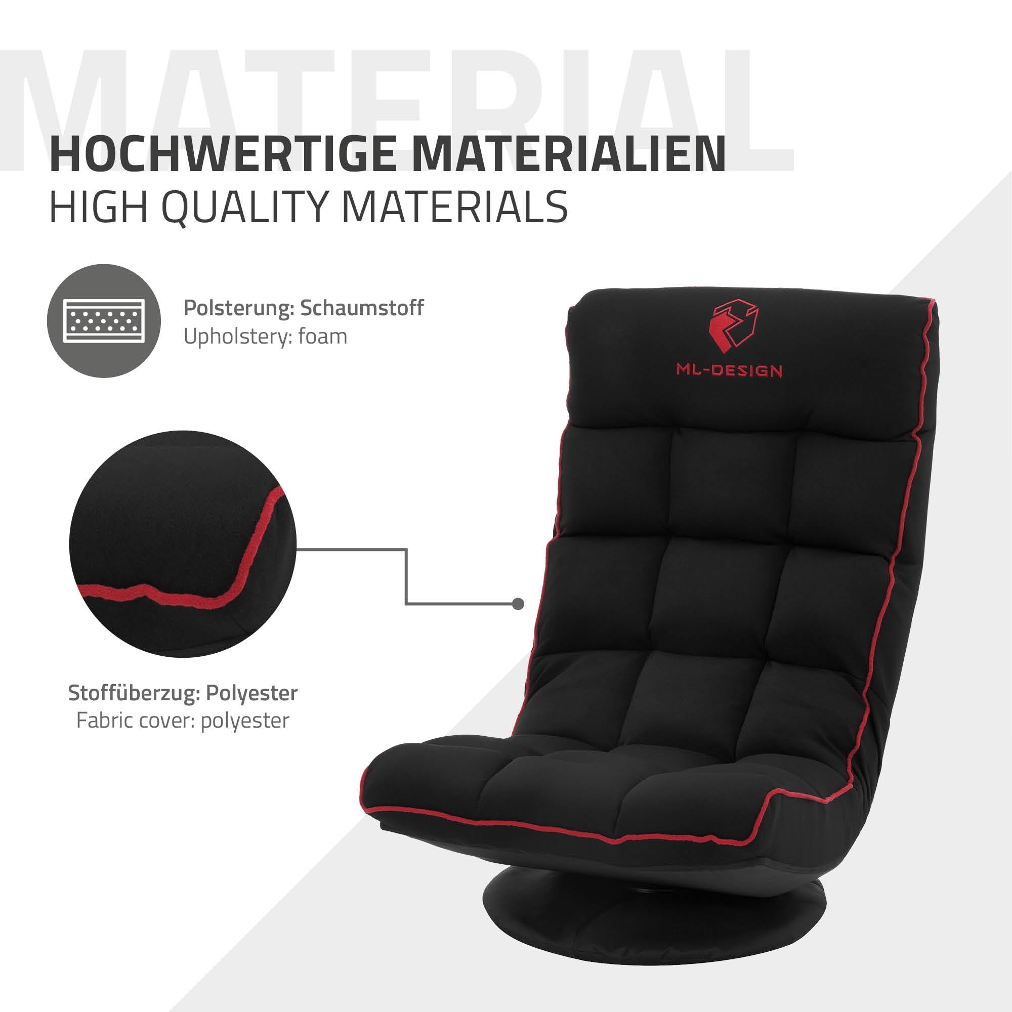 ML-Design Gaming Bodenstuhl Schwarz-Rot, Ergonomischer Gaming Sessel, 360° drehbar & verstellbar, Klappbarer Boden Gamer Stuhl mit Kopfstütze, Bodensessel gepolstert, Relax Bodensofa, Lounge Sessel