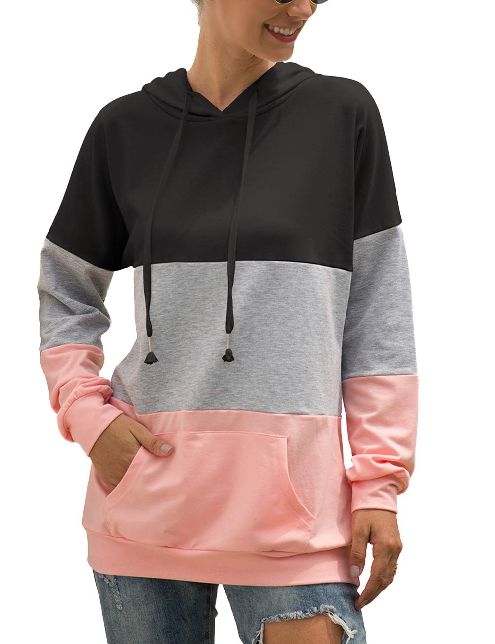 WISHPIG Women's Color Block Hoodies Drawstring Casual Pullover Sweatshirts