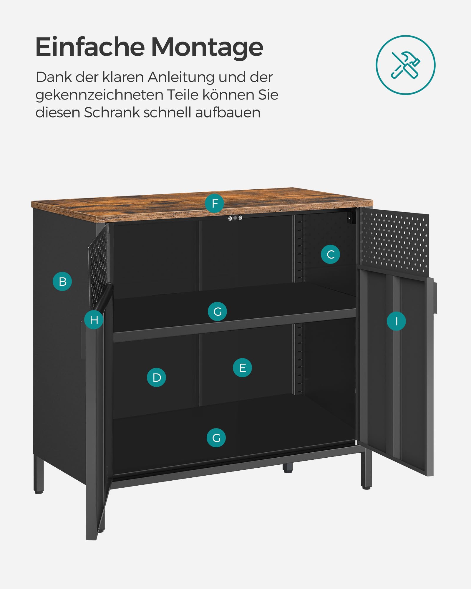 SONGMICS Aufbewahrungsschrank, Metallschrank, mit Doppeltür, Magnetverschluss, Verstellbarer Einlegeboden, Stahlgestell, 40 x 80 x 76 cm, vintagebraun-schwarz LSC102B01