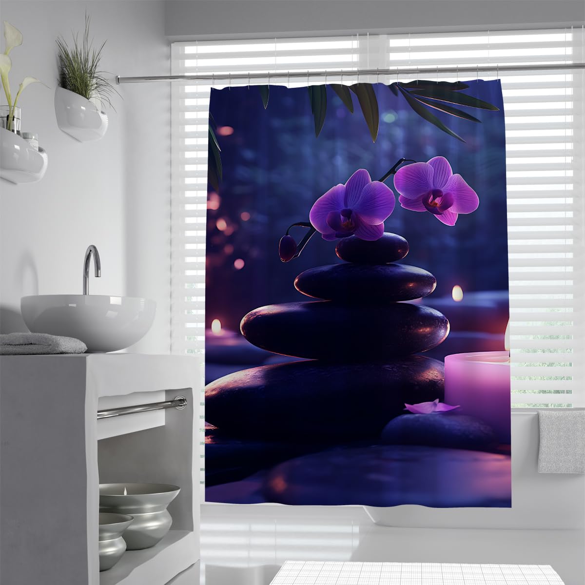 Zasłony prysznicowe do wanny spa W160xD200cm Lotos Orchidea Kwiat Wyważony Kamień Wodoodporna tkanina poliestrowa Ochrona prywatności Moskitiery łazienkowe Zmywalne haczyki