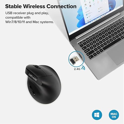Miniatura 6 de DELUX Mouse ergonómico inalámbrico para manos pequeñas, mouse vertical para túnel carpiano, mini mouse, 4000 DPI, 6 botones, 2.4G inalámbrico, 2.65