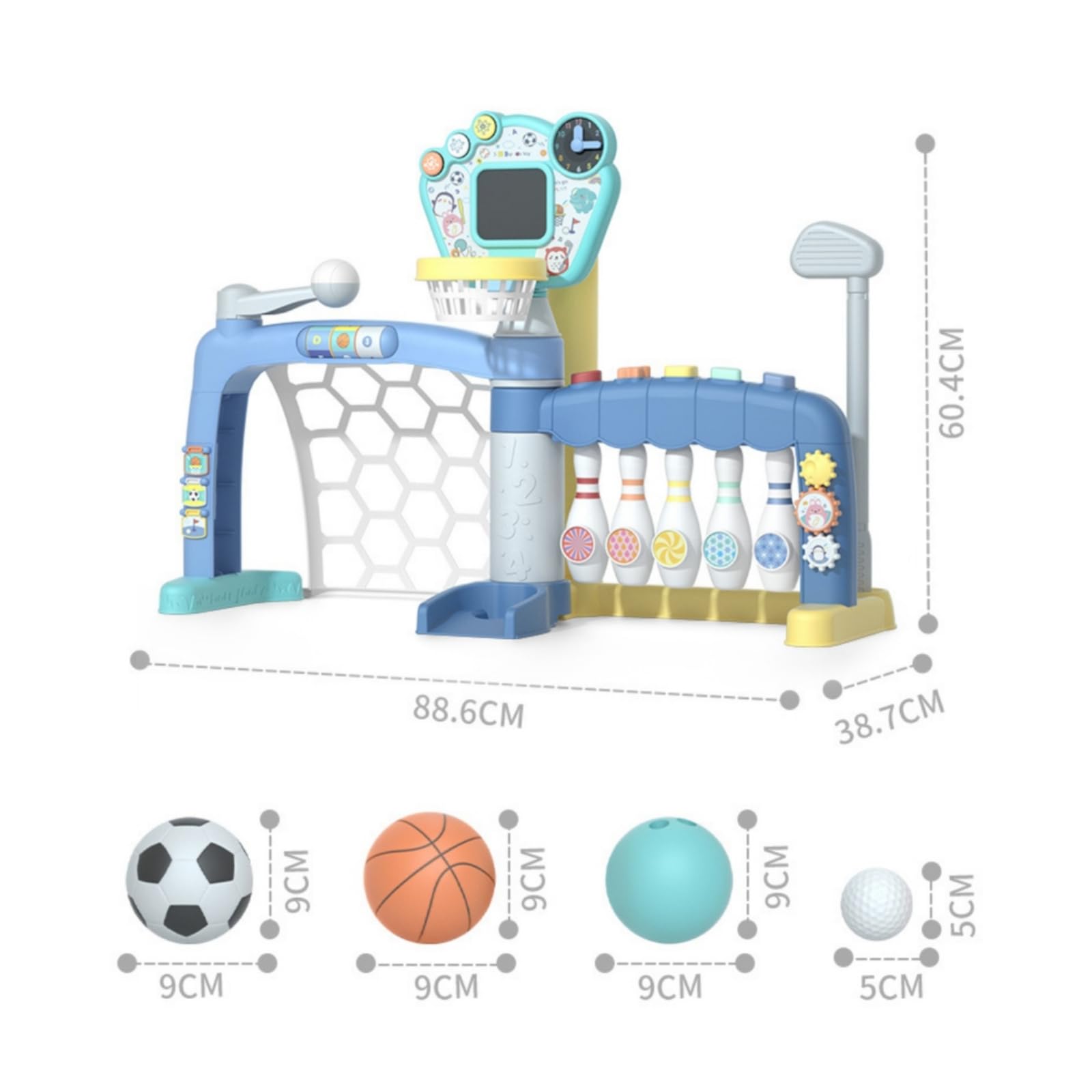 Gioco Sportivo 5 in 1 Multiattività Stazione da Basket e Base di Gioco Stabile Set Bowling Calcio per Bambini