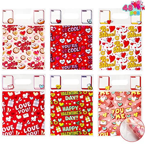 JOYIN 48 Pcs Valentine’s Day Sealing Gift Bag with Handles, Candy Bag with 6 Designs for Kids Party Favor, Classroom Exchange Prizes, Valentine’s Goodie Bags