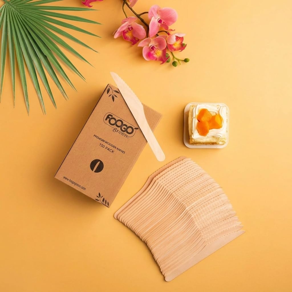 FOOGO Green Set di 150 Coltelli Monouso in Legno e Bambù, Certificate FSC®, 16 cm, Compostabili e Biodegradabili, Posate Usa e Getta per Feste, Picnic e Aperitivi, Coltelli in Bambù