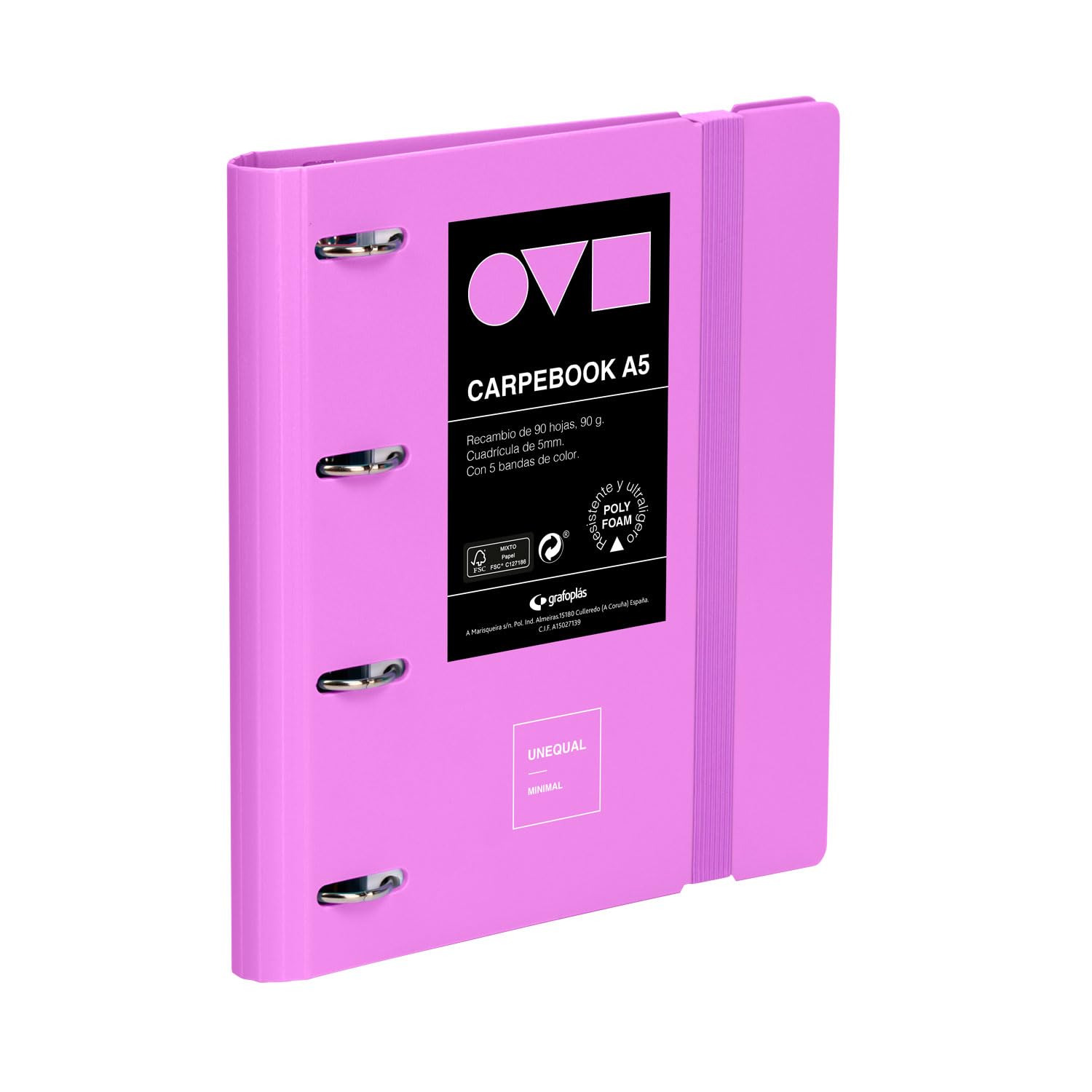 Grafoplas – 4 Ring Binder A4, Carpebook Polyfoam, Resistant and Ultralight, Minimal Lavender Uniqual, Includes Refill, Dividers and Envelope, Perfect for Organizing School Subjects