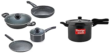 Prestige Omega Granite Aluminium Kitchen Set, 4-Pieces, Black & Prestige Svachh 5 Litre Aluminium Pressure Cooker with Hard Anodized Body (Black)