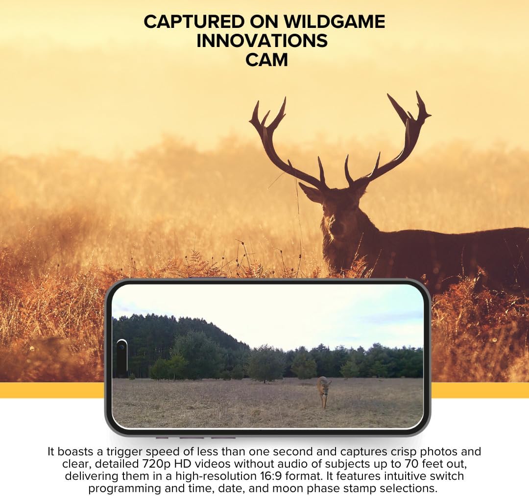 A smartphone screen displaying a captured image from the Wildgame Innovations camera, showing a deer in a field with trees in the background.