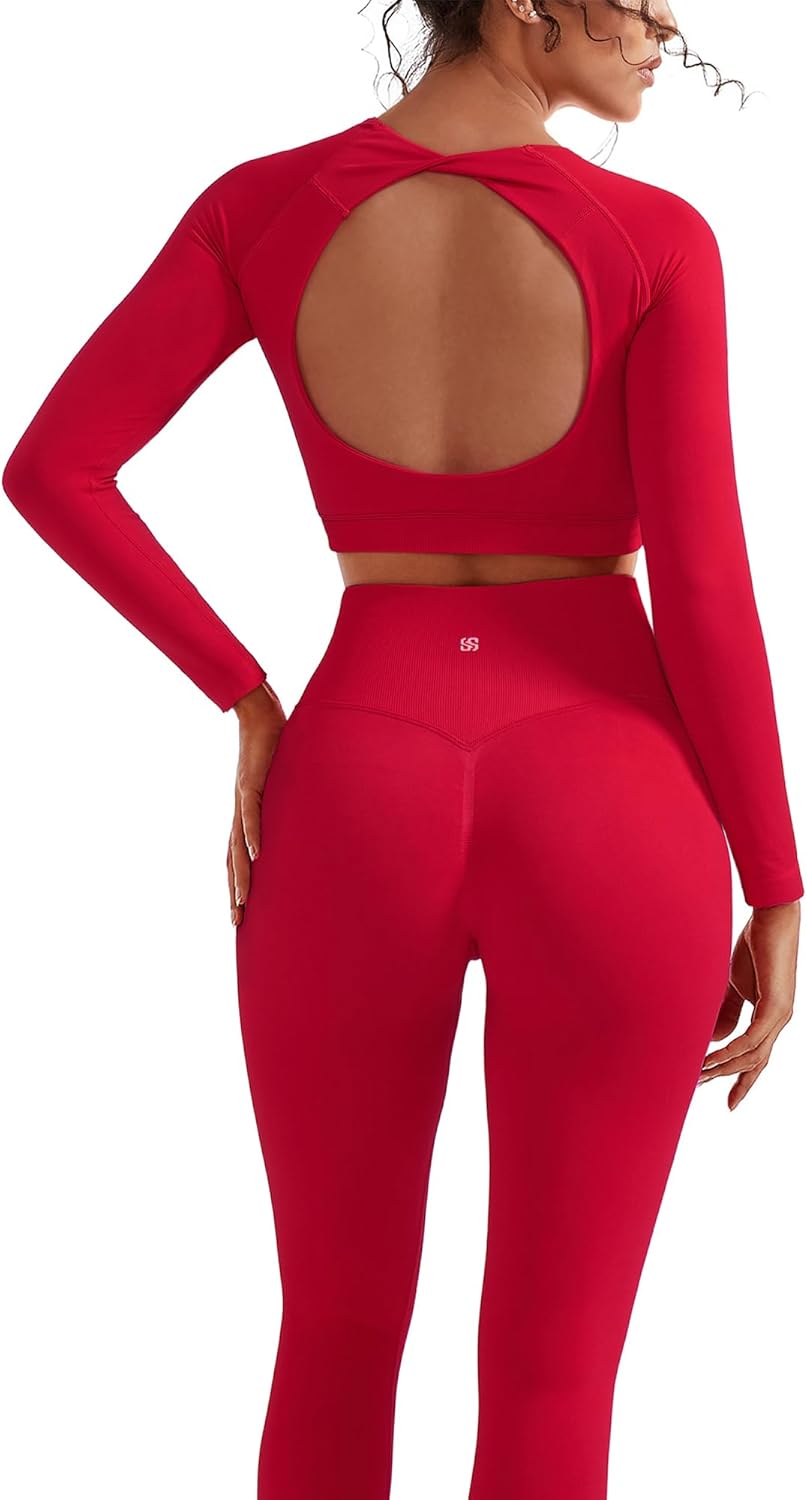 SUUKSESS Women 2 Piece Open Back Seamless Workout Sets Scrunch Booty Gym Leggings Built in Bra Crop Yoga Top