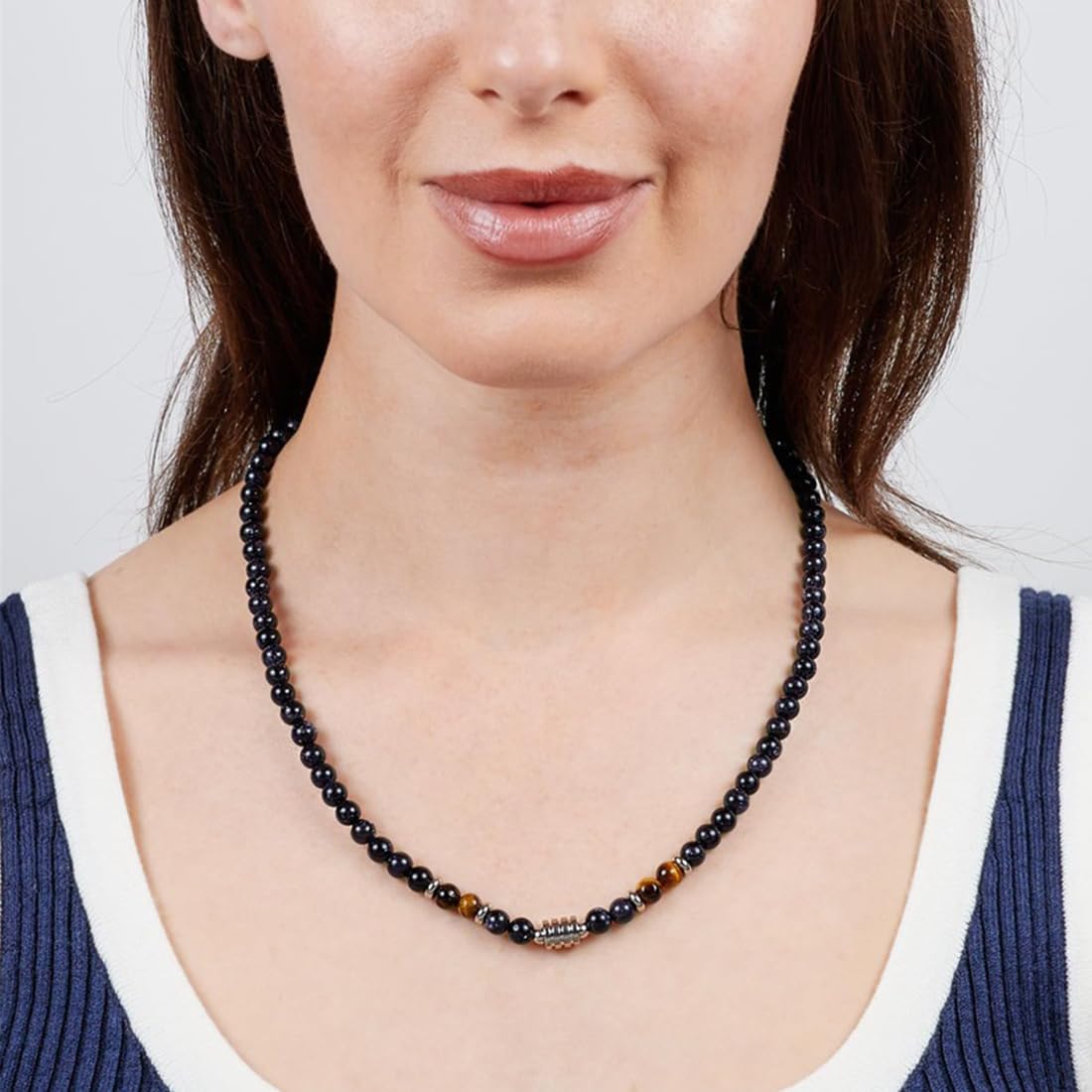 Collana da Uomo in Pietre e Cristalli, Collana da Uomo con Perle di Pietre Naturali e Cristalli, Collana in occhio di tigre e ossidiana
