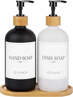Vtopmart Glass Kitchen Soap Dispenser Set with Bamboo Tray 2 Pack 17.6oz, Dish Soap Dispenser for Kitchen Sink, Hand Soap Dispenser Bathroom, Black and White Modern Farmhouse Kitchen Home Decor
