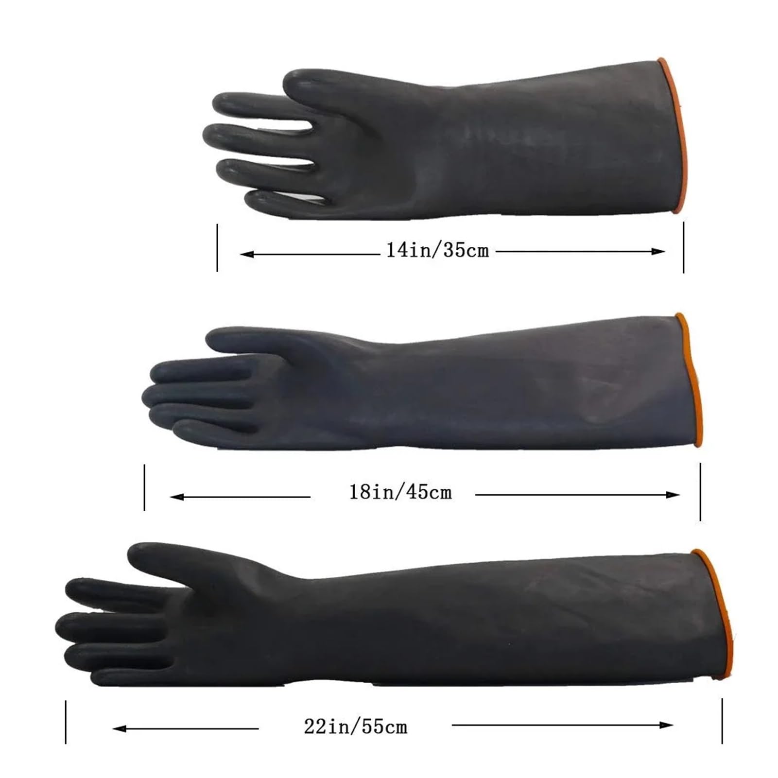 3 pares de guantes impermeables de 35/45/55 cm de largo, guantes de seguridad de trabajo de goma resistentes a productos químicos, guantes de látex protectores industriales(3 pairs 55cm)