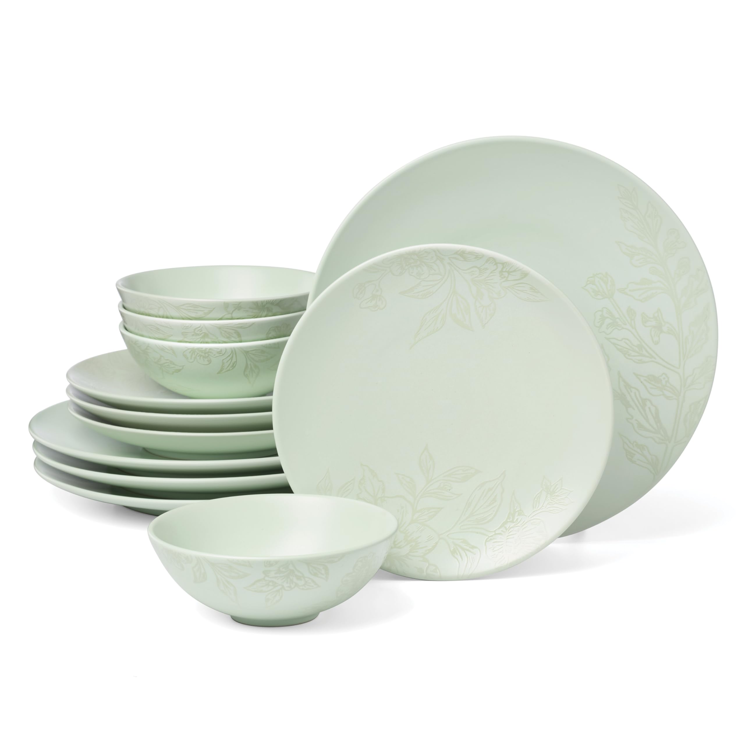 Oneida 897395 Roseto 12-Piece Dinnerware Set, Soft Sage