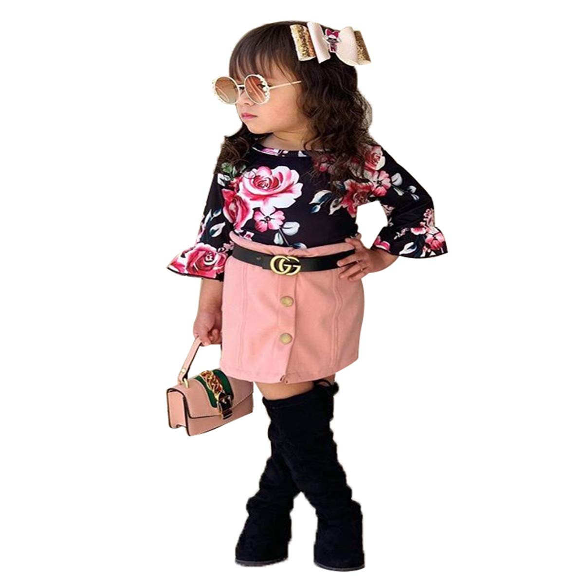 Toddler Baby Girl Clothes Floral Shirt Blouse Tops Mini Pencil Skirt Spring T Shirt Outfit Sets 2PCS (Flower top Pink Skirt, 12-18 Months)