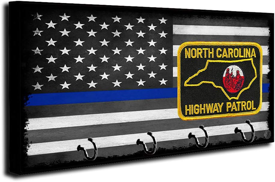 Brotherhood Subduded North Carolina Highway Patrol Thin Blue Line American Flag Key Holder Organizer Wall Mount Rack for Holders The Home Keys Ring Decorative Hangers Decor Hook Hanger