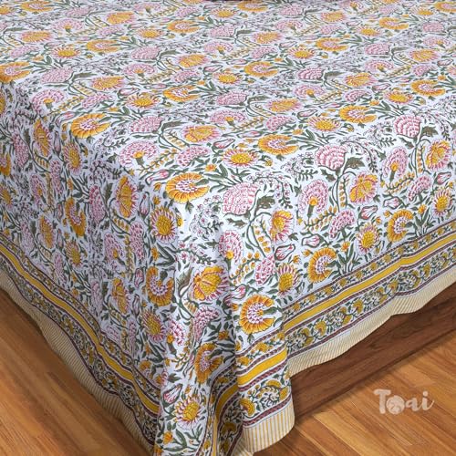 Image of TOAI Bedsheet for Double Bed King Size 108 inch x 108 inch |100% Pure Cotton 210TC | Hand Block Printed Jaipuri Bedsheet | 2 Reversible Pillow Covers 18 inchx27 inch |White Yellow Florals