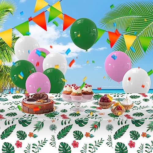 Labeol Hawaiian Tablecloth, 3 Pcs Hawaiian Luau Tablecloth, Palm Leaves Disposable Plastic Rectangular Tablecloth, Hawaiian Luau Tropical Party Decorations, Summer Beach Dining Birthday Party Supplies #TOP4