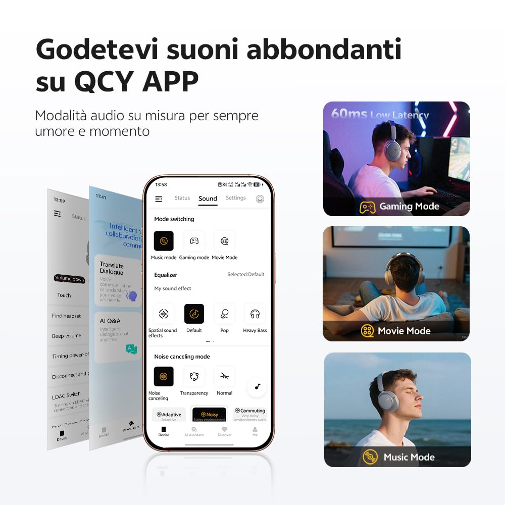 QCY H3S Cuffie Bluetooth Cancellazione Rumore Attiva Adattiva, -56 dB ANC Cuffie Wireless Over Ear, 102 Ore di Autonomia, LDAC Hi-Res Audio, Suono Spaziale, Comfort Leggero, Bluetooth 6.0