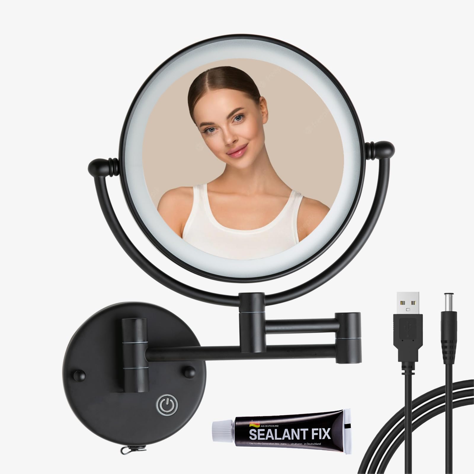 Miroir de maquillage de salle de bain LED rechargeable 5x pliable