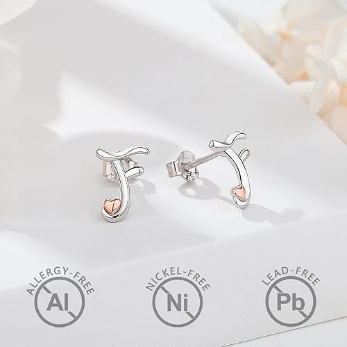 Miniatura 2 de CELESTIA 925 Sterling Silver Initial Earrings 26 Letter with Rose Gold Heart Earrings Studs