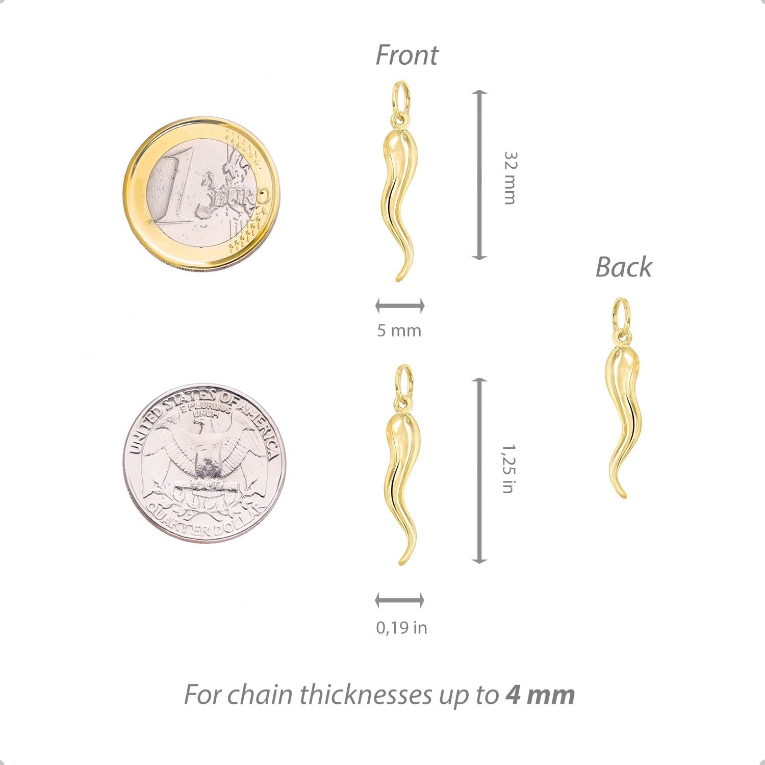 Lucchetta - Men's Large Italian Gold Horn Pendant Charm 14k - Suitable for Gifting - Hypoallergenic Made to Last - Authentic Unisex Jewelry from Italy
