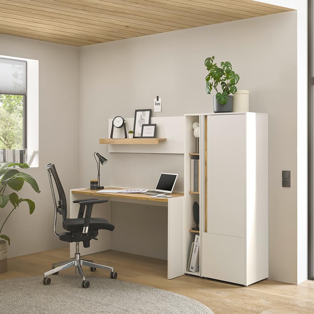 Lomadox Büromöbel Set weiß mit Eiche 4-teilig modern, 1 Schreibtisch, 1 Wandboard, 1 Regal, 1 Stauraumschrank