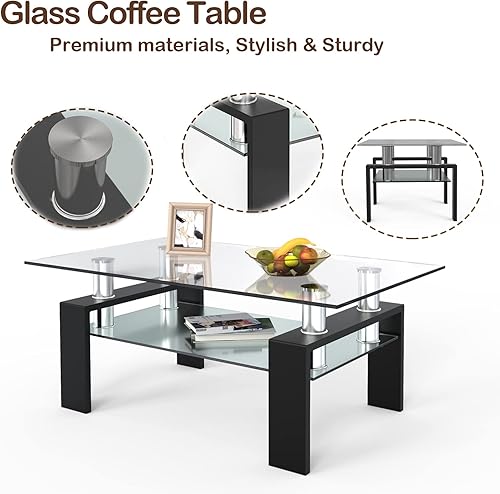 Miniatura 5 de NAFORT Mesa de centro rectangular de cristal, mesas de centro modernas de 2 niveles para sala de estar, parte superior de vidrio templado y patas de