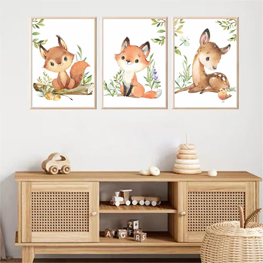 3 Affiche Animaux de la Jungle Poster Bébé Garcon Renard Ecureuil Cerf Beige Brun Tableau Decoration Murale Enfant 30X40CM Toile Animaux de la Foret Deco Chambre Bebe Fille Cadeau sans Cadre