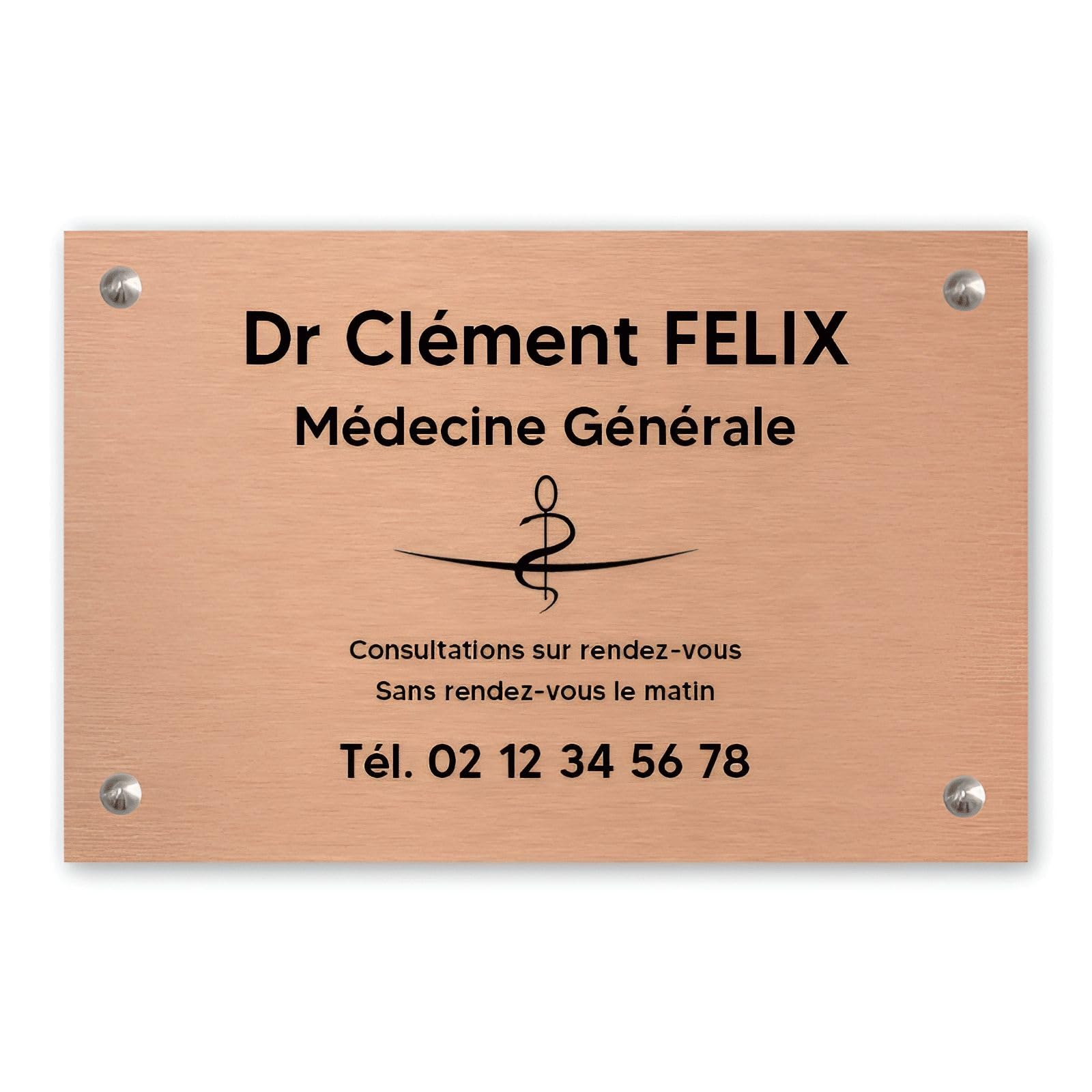 DECOHO - Plaque professionnelle personnalisée avec symbole en PVC pour médecin - Cuivre lettres noires Vis + chevilles + cache vis