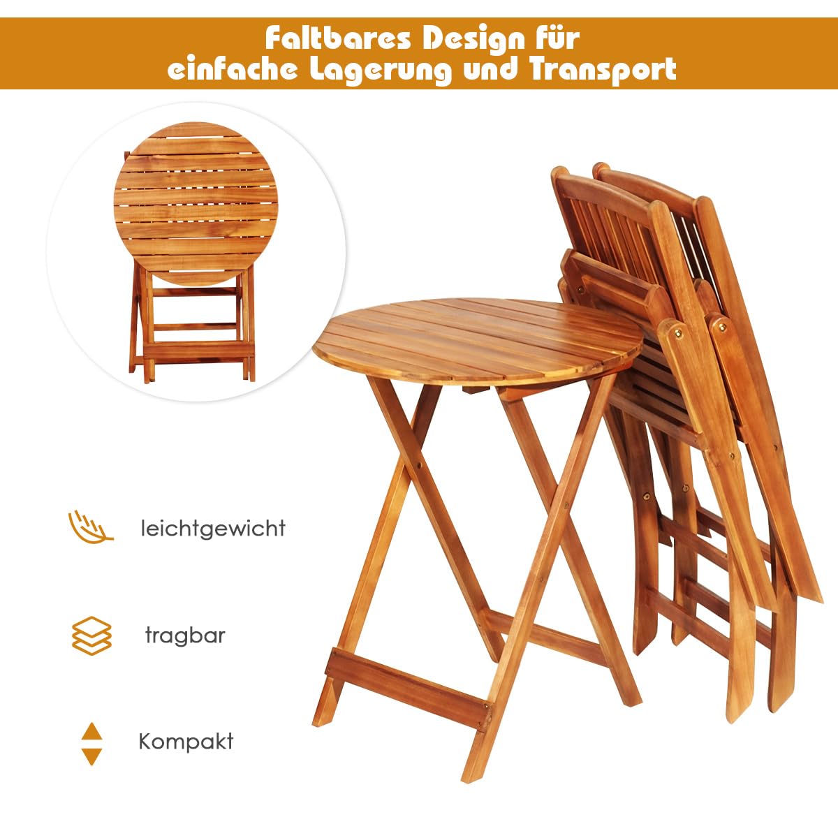GOPLUS 3tlg. Gartenmöbel Set aus Akazienholz, klappbares Balkonmöbel-Set, inkl. Rundtisch und 2 Stühlen mit Kissen, Sitzgruppe, Sitzgarnitur, für Außenbereich (Blau)