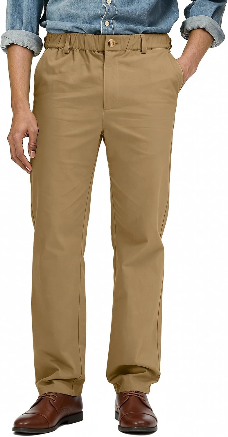 Comdecevis Men's Comfy Stretch Khaki Pants Relaxed Fit Cotton Chino Pants with Elastic Waist
