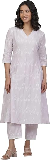W for Woman Yellow Cotton Embroidered Flared Kurta, Straight Pants and Dupatta Set