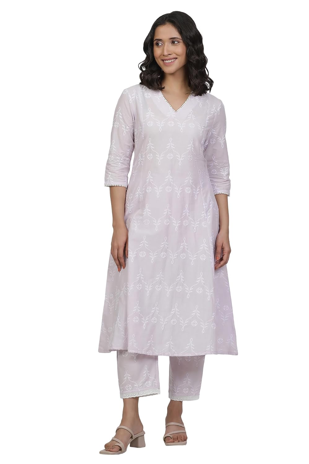 W for Woman Yellow Cotton Embroidered Flared Kurta, Straight Pants and Dupatta Set - Review, Price and Buying Guide