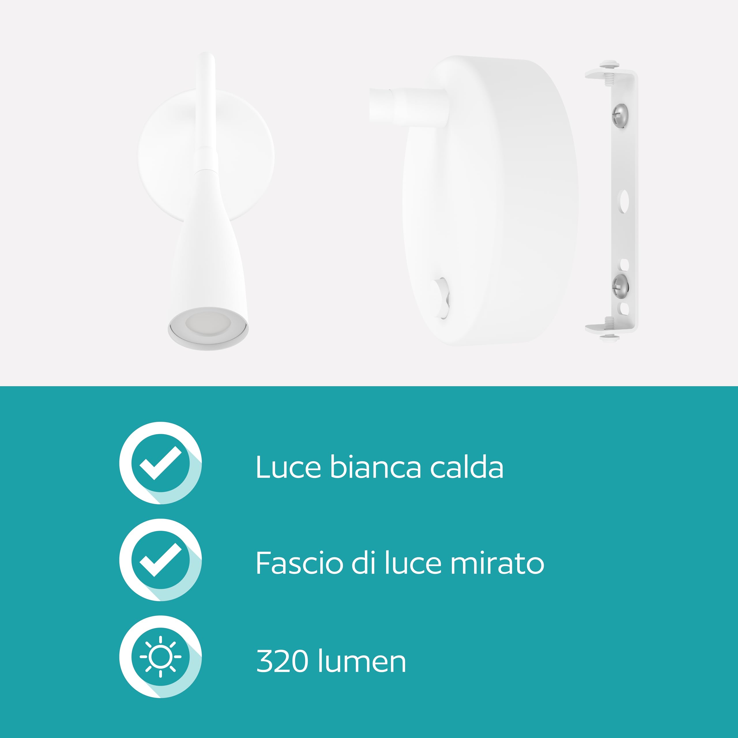 Eglo Lampada da parete a LED Olivandino, a collo di cigno, luce da lettura a muro, per camera da letto, con interruttore, in metallo e plastica bianca, colore luce: bianco caldo