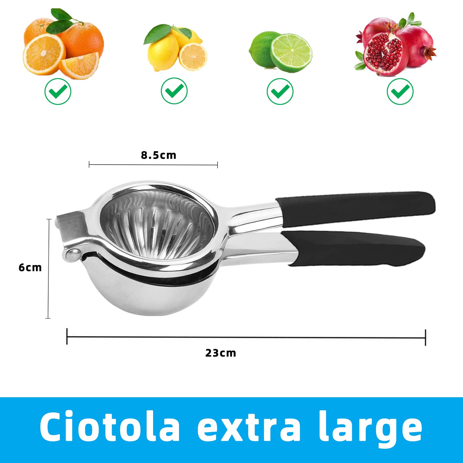 JOYIT Spremi Limone Manuale - Spremiagrumi Manuale in Acciaio Inossidabile, Spremi Lime con Tutti Gli Agrumi,Manico in Silicone, Anticorrosivo, Lavabile in Lavastoviglie (Nero)