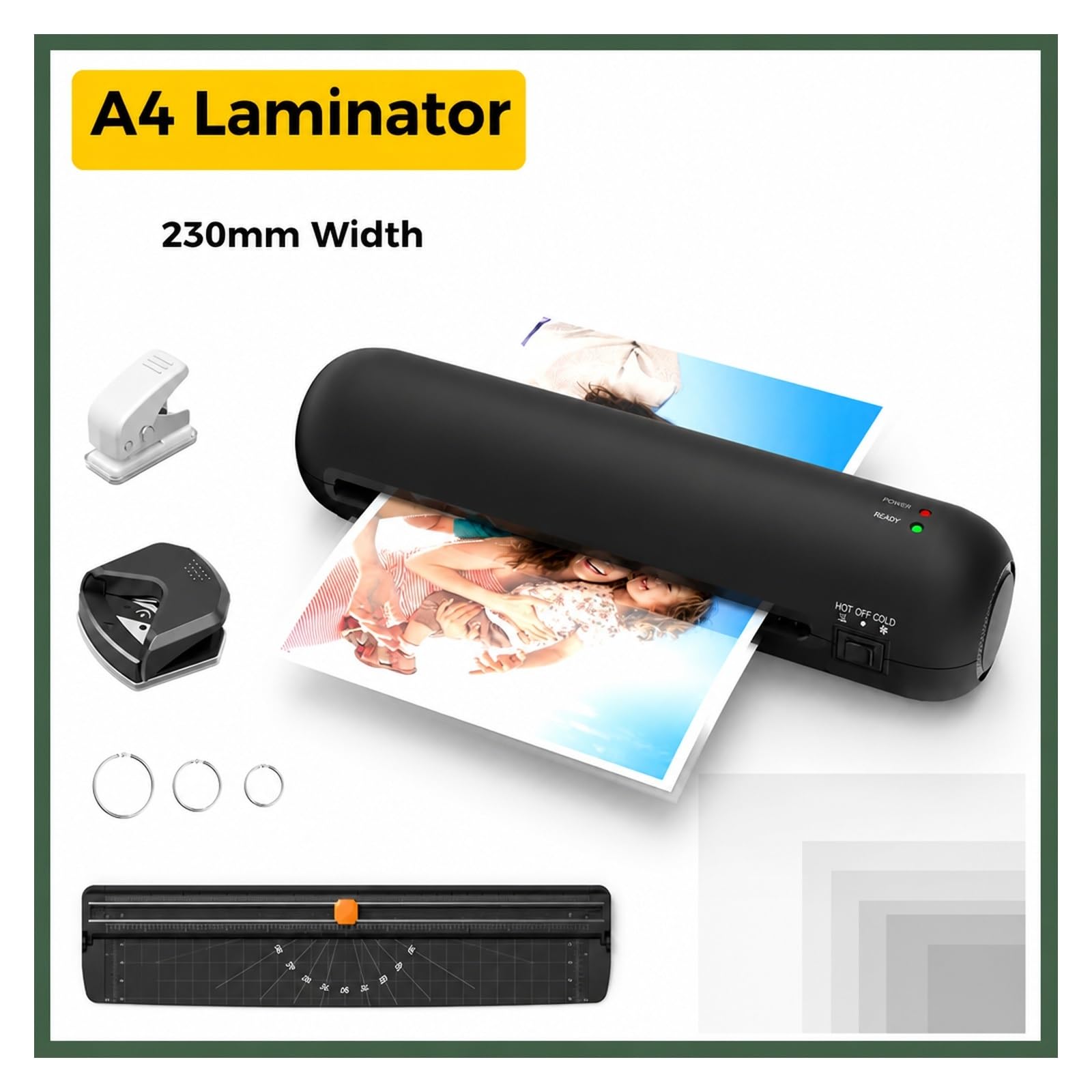 Laminator, Zestaw Do Laminowania Biurkowego A4 230 Mm do domu i biura | Laminowanie Na Gorąco I Zimno, System 2 Rolek, Maksymalna Szerokość 9 Cali, Z Obcinakiem(Black)