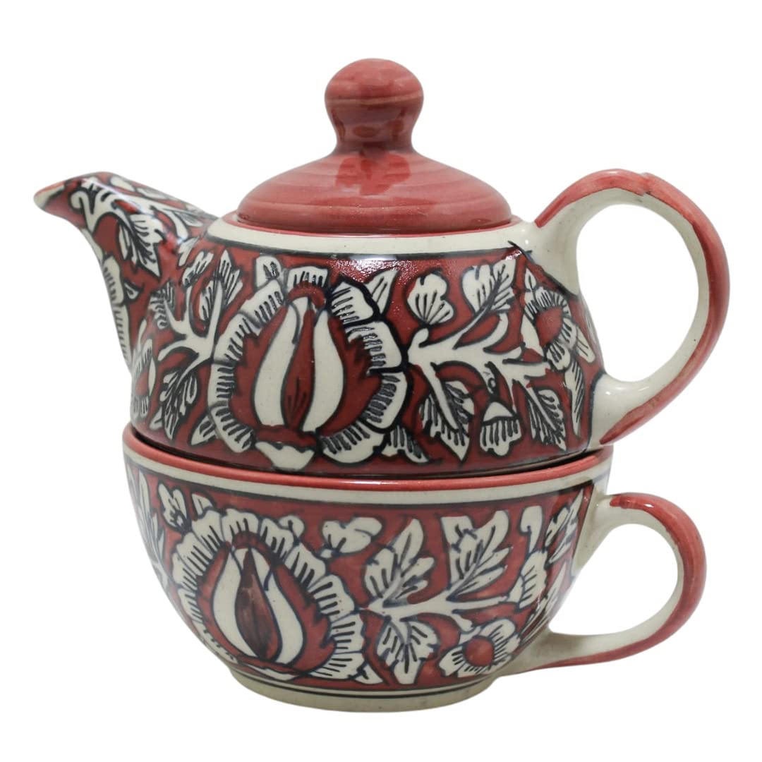 Red Ceramic Printed Tea Set 1-Kettle 380 ml with 1- Cup 180 ml for Serving Herbal Tea or Coffee in Kitchen and Hotel (Red)