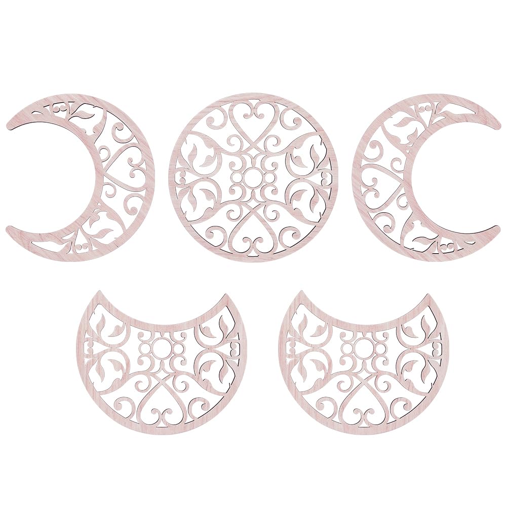 AHANDMAKER5Pcs Moon Phase Wall Decor, Hollow Wood Moon Phase Bohemian Wall Art Decor for Living room, Moon Phase Wall Hanging, Bedroom Decor Home Wall Hanging Decor, with Heart Pattern, Burlywood