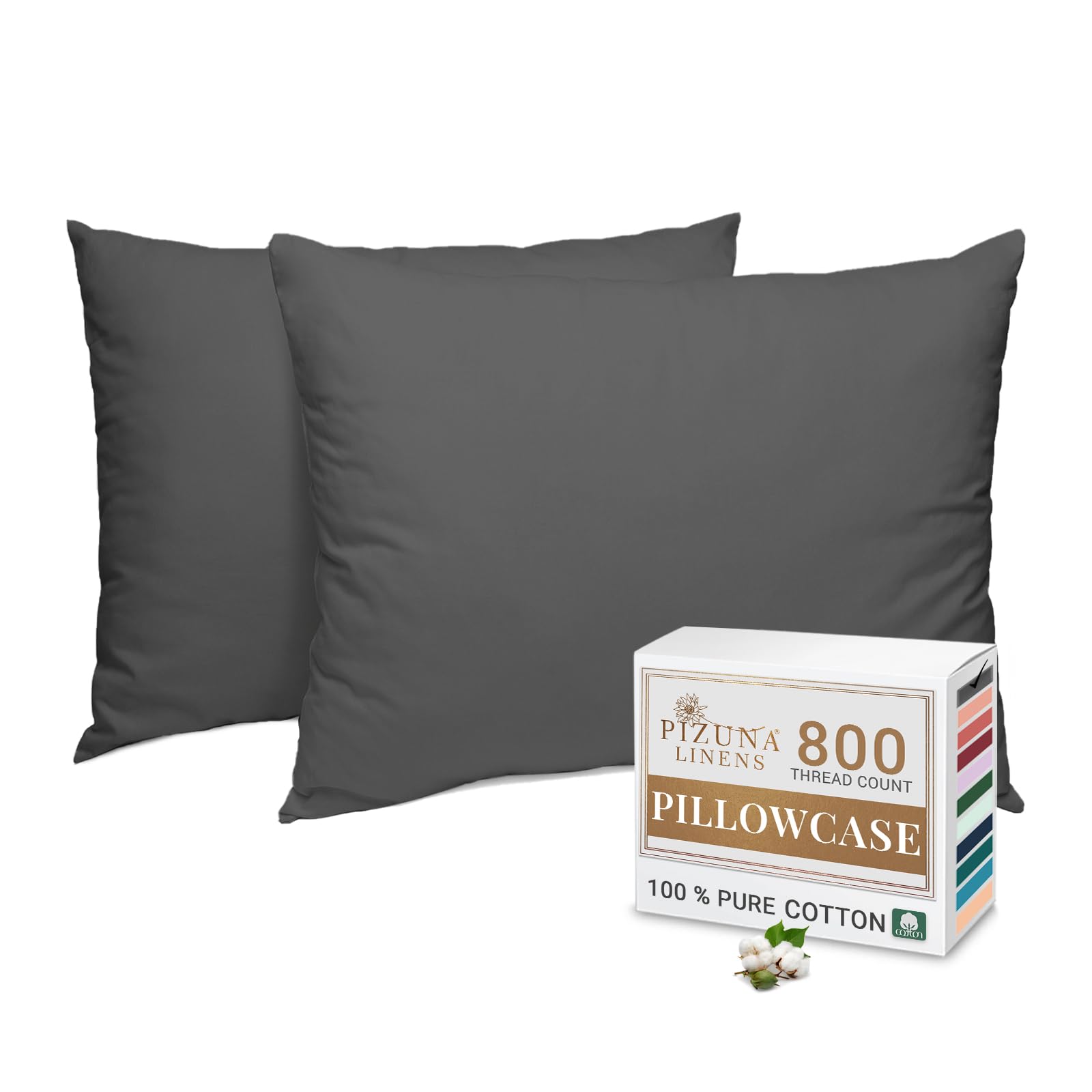 Pizuna Dark Grey Luxurios Cotton Housewife Pillowcases 2 Pack 48X74cm, 800 Thread Count Long Staple Combed Cotton Pillow Cover, Crisp Sateen Weave Housewife Pillow Cases (Luxury Pillowcase 2 Pc)