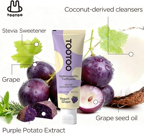 Miniatura 7 de TooToo Pasta de dientes de hidroxiapatita para niños con xilitol, sin flúor y sin SLS, pasta de dientes natural para niños, sabor a uva de yogur,