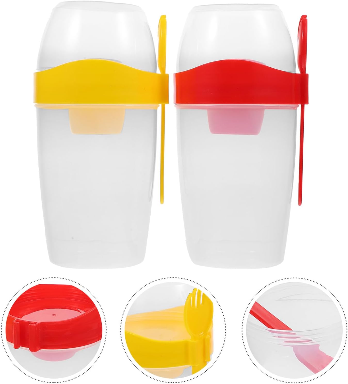 2pcs Portable Salad Shaker Cups with Fork and Lid, 1070ml Plastic Multi-purpose Salad Containers for Travel, Picnic, and Lunch To-go, Yellow and Red