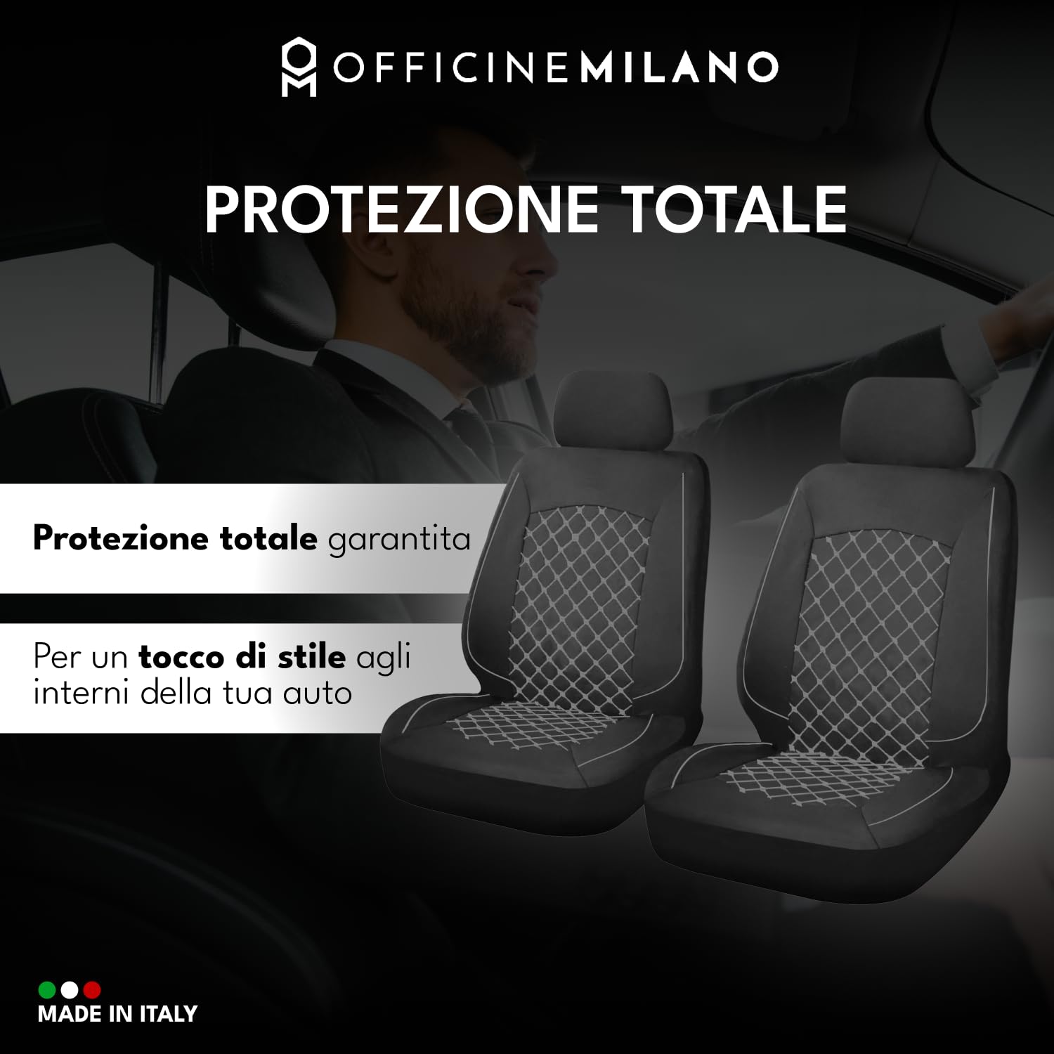 OFFICINE MILANO Coprisedili Auto Universali 11 Pezzi Antiscivolo Elasticizzato Trapuntato Poliestere