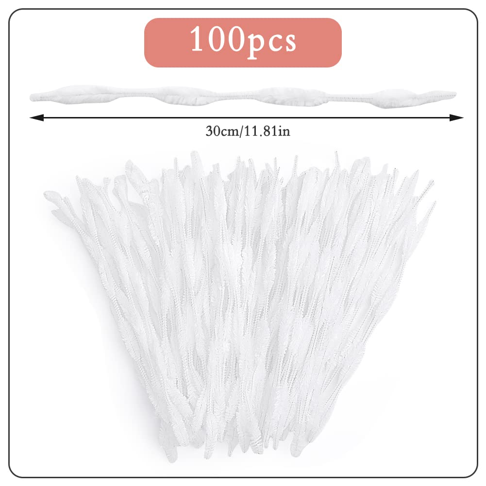 100 PCS Pipe Cleaners Chenille Stem, Bump Chenille Stems Pipe Cleaner, White Pipe Cleaners Crafts Supplies for DIY Arts Crafts Decorations (White)