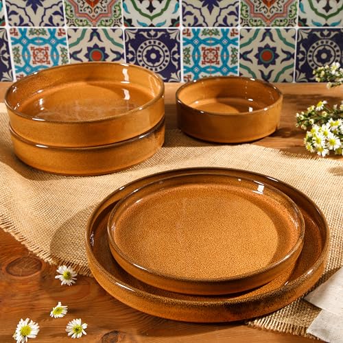 Bloomhouse - Two Time Oprah's Favorite Things Winner - Santorini Mist Double Bowl Terracotta Reactive Glaze Plates and Bowls Dinnerware Set - Amber, Service for Four (16pcs) - Image 7