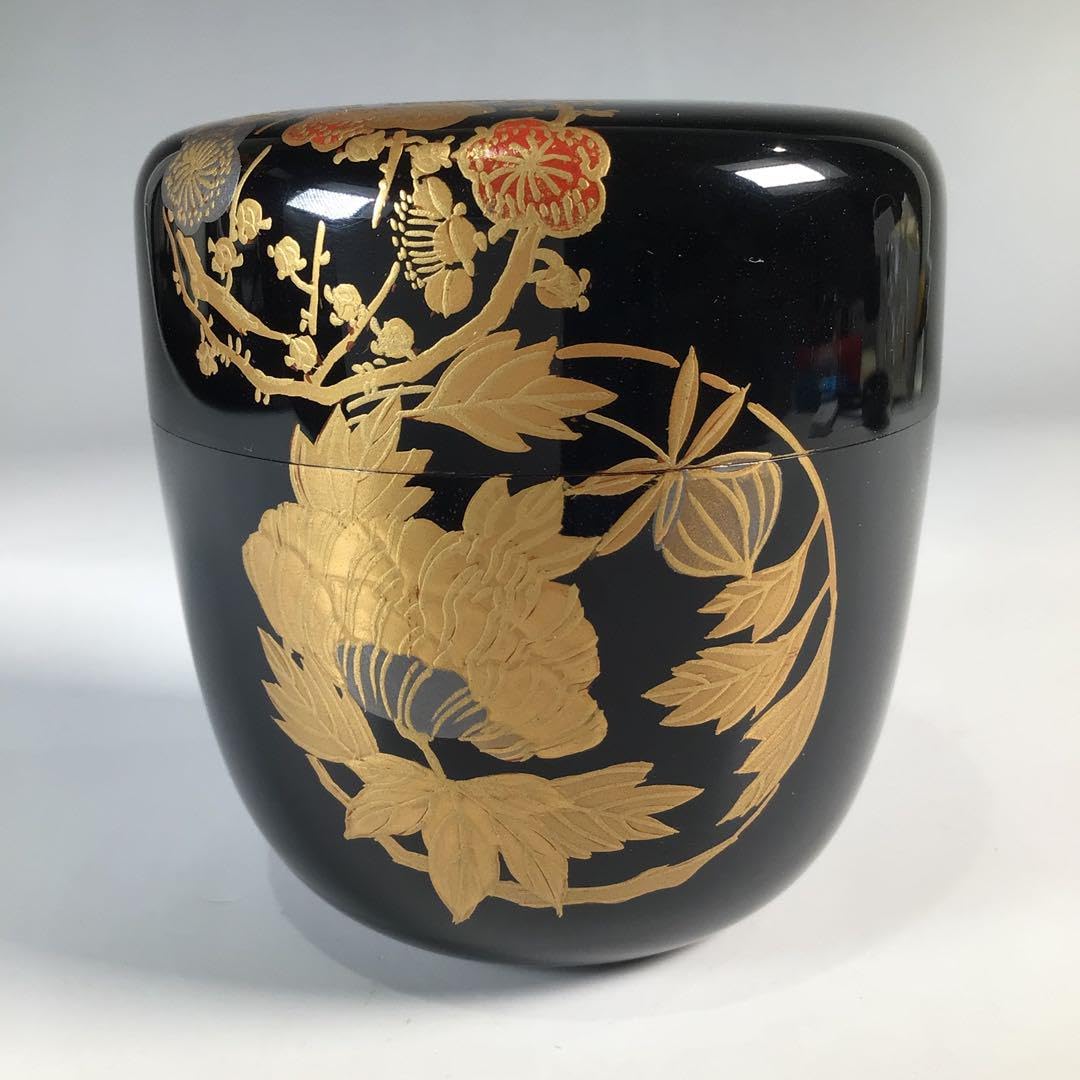 Ｎ３６８　棗　『岩倉隆弘峯(隆斎)作』『花丸蒔絵』『中棗』　共箱　茶道具 N368棗『岩倉隆弘峯(隆斎)作』『花丸蒔絵』『中棗』共箱茶道具